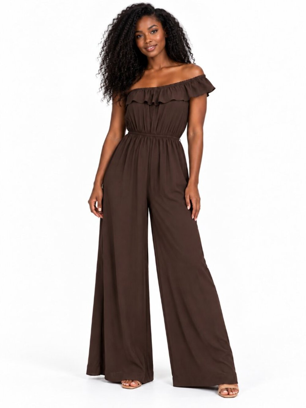 Body Central Brown Ruffle Neck Wide-Leg Jumpsuit – Medium